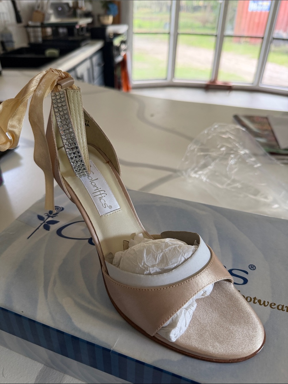 Satin Champagne Open-Toe Ankle-Tie Heels with Rhinestone Strap